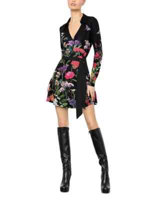 alice and olivia black dress with flowers CLYDE MINI DRESS in BLACK MULTI