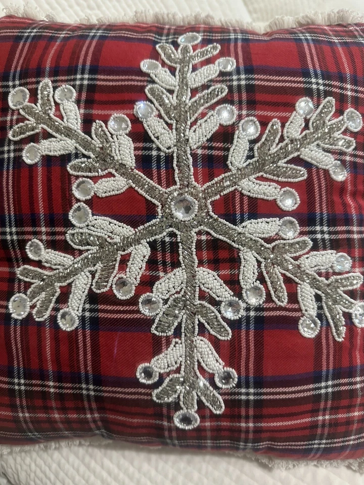 TARTAN PLAID PILLOW WITH BEADED SNOWFLAKE 17 X 17 - Image 2 of 4
