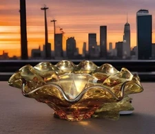Vintage Amber Ruffle Edge Glass Bowl 8.25"Diam X 3"Hght X 2.75"Base Diam