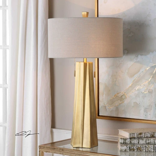 TWO MARIS MODERN 31" AGED BRASS SHAPED STEEL TABLE LAMP UTTERMOST 27548 - Picture 2 of 4