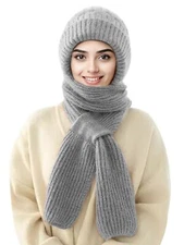 Beanie Hat Scarf Integrated Ear Protection Windproof Cap Scarf Elastic Knitti...