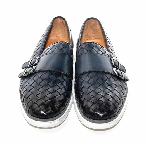 SIGOTTO UOMO Woven Double Buckle Black Soft Leather Casual Shoes
