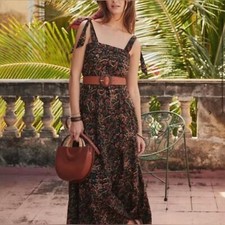 Sezane Annie Black Indian Floral Maxi Dress Size 38 Feminine Prairie Multicolor