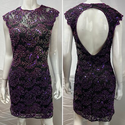 Primavera Women's Black Open Back Purple Beaded Sequin Vintage Cocktail Dress 12