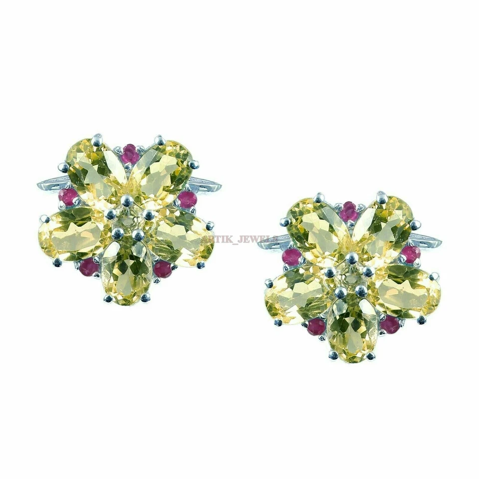 Natural Lemon Quartz & Heated Ruby With 925 Sterling Silver Cufflink #2477 - Image 2 of 3