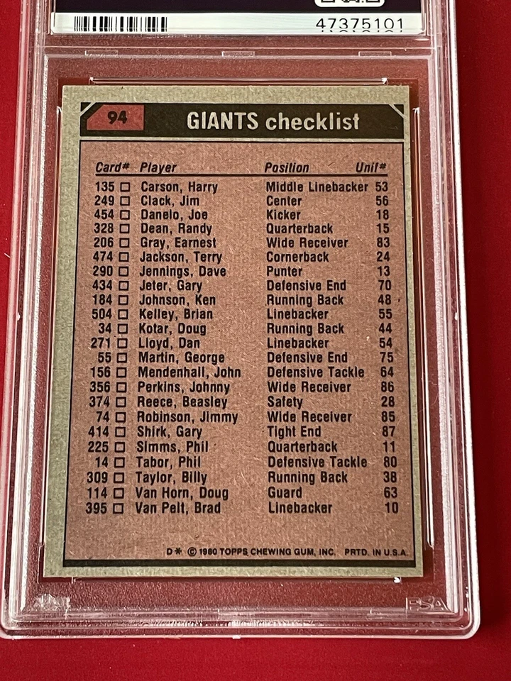 1980 Topps PSA 9 New York Giant Leaders - Image 2 of 2