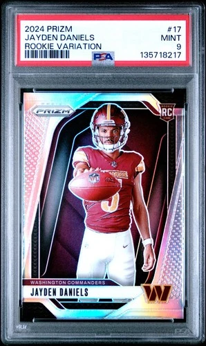 JAYDEN DANIELS 2024 PRIZM ROOKIE VARIATION RC #17 PSA 9 MINT! DC COMMANDERS LSU!