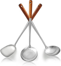Juego de Espátulas Wok 17", Mango de Madera Resistente al Calor Herramientas Wok Acero Inoxidable, Cucharón
