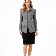 St John Collection Marie Gray Santana Knit Skirt Suit 8 Basketweave Zip Jacket