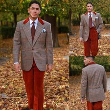 Mens Plaid Suits Red Pant Slim Fit for Business Wedding Dinner Party Jacket Pant
