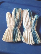 Crocheted Unisex Mittens One Size Fits All Blue White