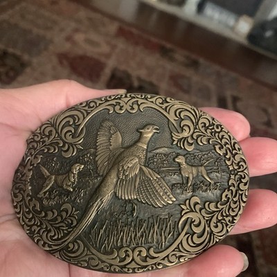 Ring Neck Flying Pheasant Game Dog Bird Hunting Solid Brass Belt Buckle by ADM