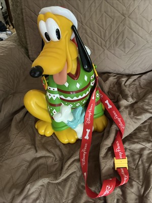 Disney Parks Christmas Green Sweater Pluto Winter Popcorn Bucket & Red Strap