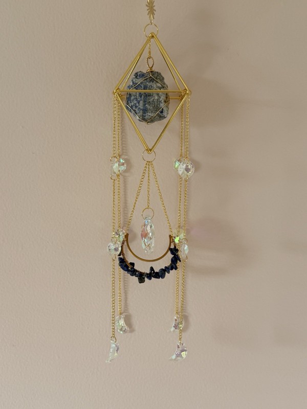 Hanging Crystal Suncatcher Mobile, Gold Tone Metal Chains, Faceted Drops