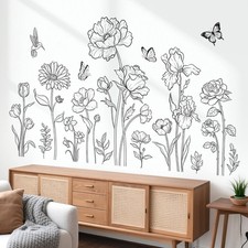 Large Black Boho Flower Wall Decals Simple Sketch Floral Wildflower Butterfly...