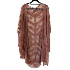 Embroidered Boho Kimono Cardigan One Size Dusty Rose Sheer Mesh Festival Hippie