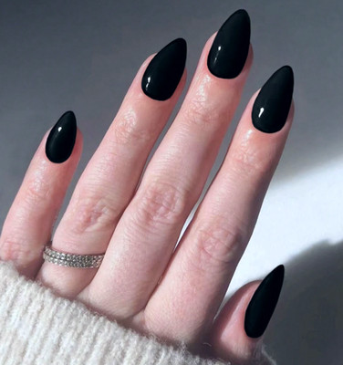 ALMOND STILETTO *LICORICE* Full Cover Black 24 Nails Tips Press On Glue Set!