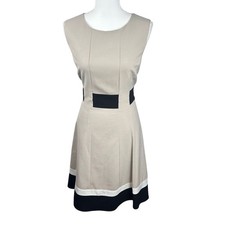 Calvin Klein Professional Dress Sz 10 Beige Black Color Block Sleeveless Chic
