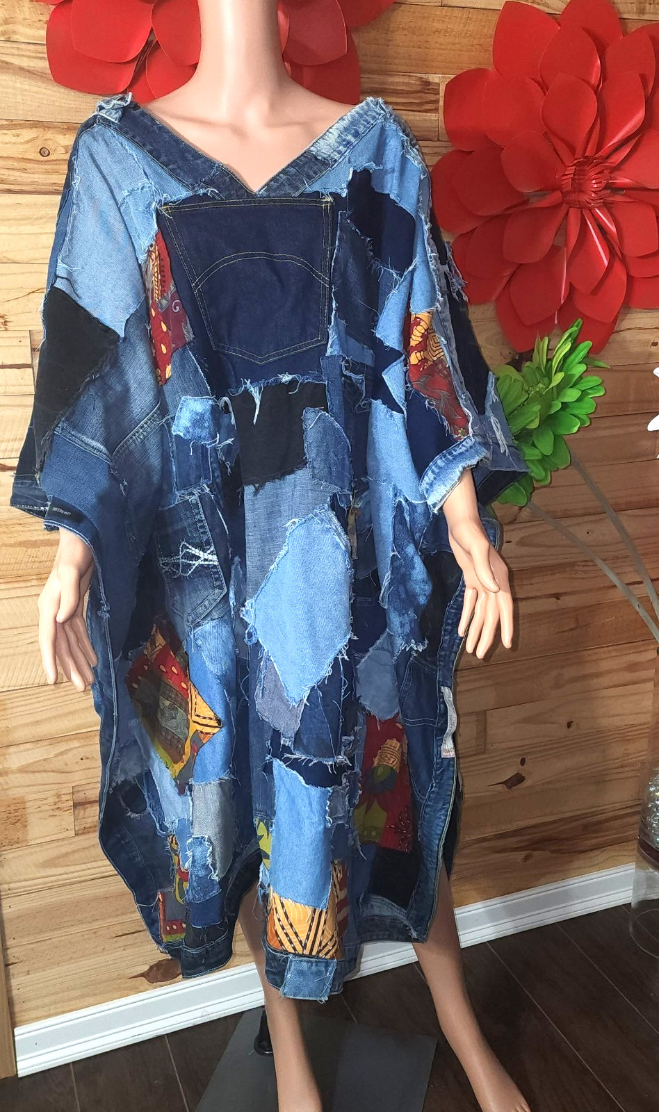 Denim Upcycled Boho Patchwork Denim Poncho - image 1