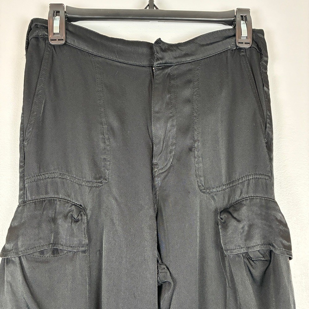 Zara Womens XS Black Satin Cargo Pants High Rise Wide Leg Goth Streetwear thumbnail 5