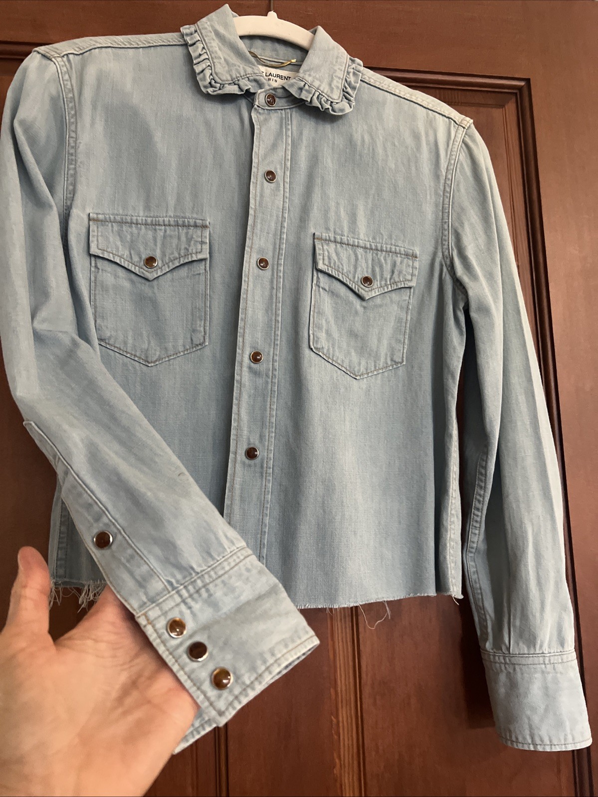 Saint Laurent Camicia Donna Blu Chambray Bottone a Scatto Tg S