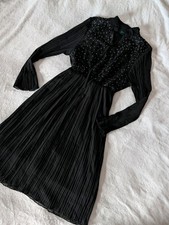 Vintage Retro Style Black Pleated Midi Dress Sparkly Chiffon Long Sleeve UK 8-10