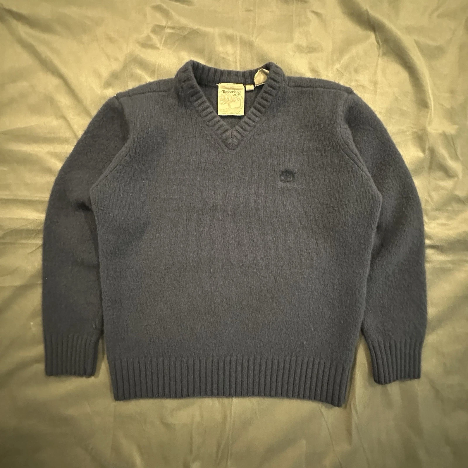 Vintage 90s Timberland Sweater Lambswool V Neck Pullover Navy Blue Mens M