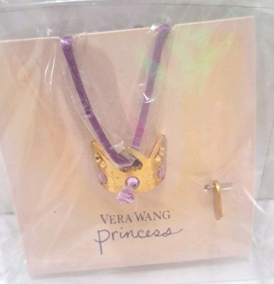 Vera Wang Princess Necklace Purple Cord With Rhinestone Crown Pendant 