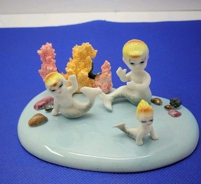 Vintage Mini Mermaid Figurines Set Kitsch Ceramic Japan Style Cute Retro Ocean D