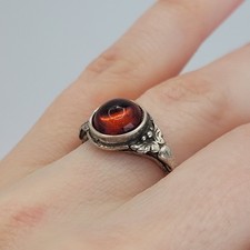 Vintage 925 Sterling Silver Ornate Combochon Amber Solitaire Ring Size 5.75