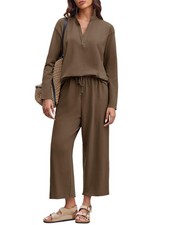 Womens 2 Piece Outfits Sweatsuit Long Sleeve V Neck Sweatshirt Wide Leg Cropp...