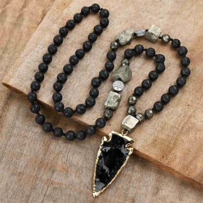 Natural Lava Rock Stone Beads Necklace Obsidian Stone Arrowhead Pendant Necklace