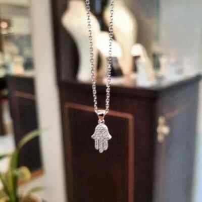 14K Weißgold plattiert kleiner Hamsa handgefertigter Diamant Anhänger Charm 0,30Ct