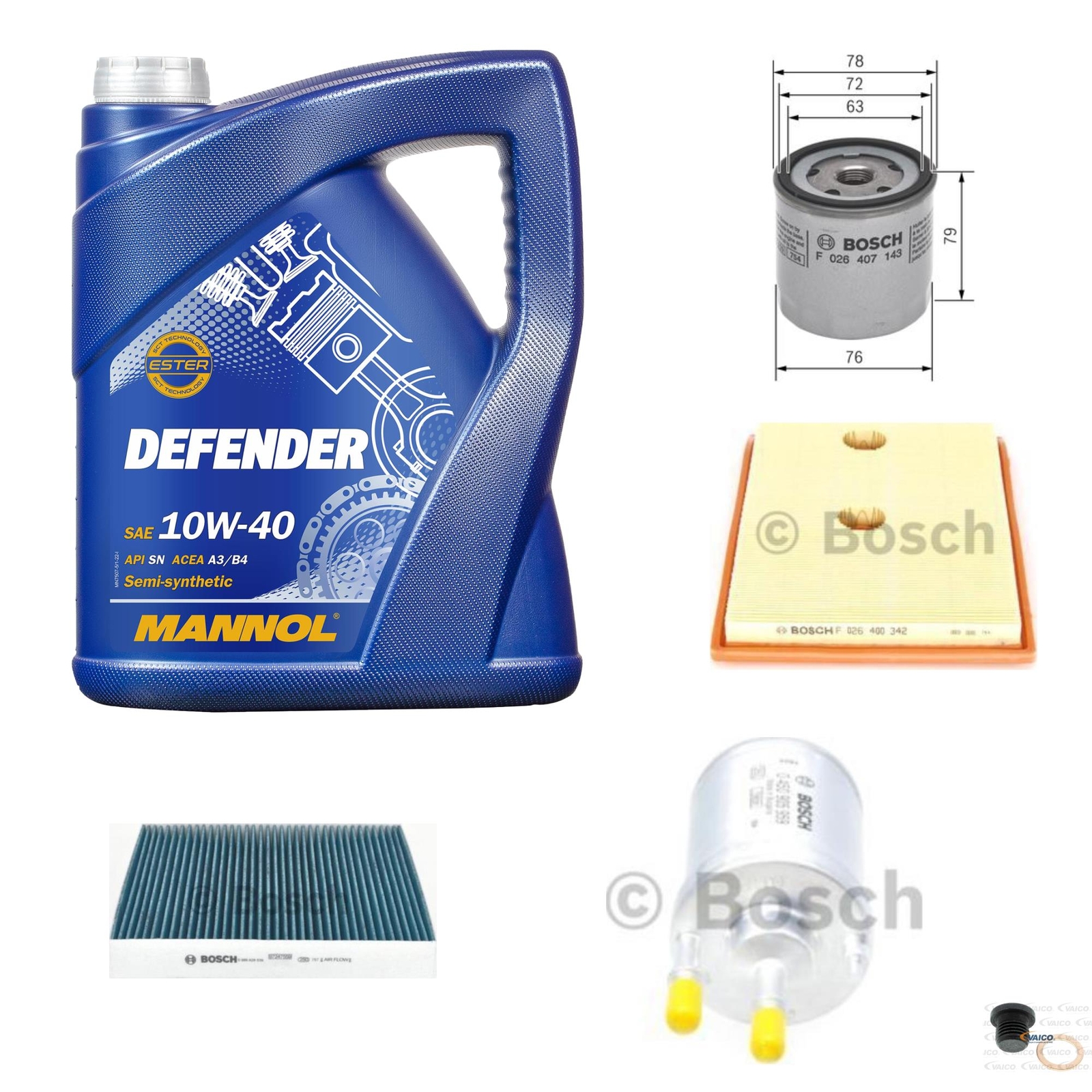 BOSCH Inspektionspaket 5L MANNOL Defender 10W-40 für Audi A1 Sportback 1.4 TFSI