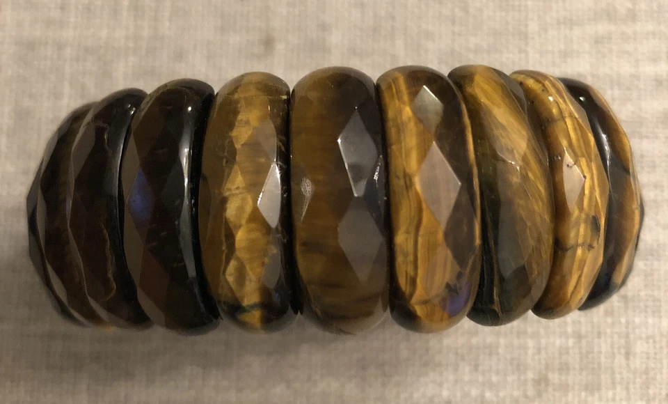 Pulsera elástica vintage de bloque de piedra tallada ojo de tigre amarillo natural Foto 2 de 4