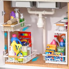 Under Sink Organizer Set of 2, 2 Tier Sliding Under Sink Organizer