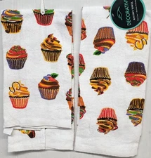 Set of 2 Same Printed Kitchen Cotton Towels (15"x25") CUPCAKES, Decorative