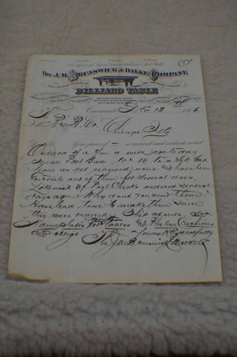  Pool/Billiard/Table/Brunswick J M Brunswick Letterhead 1876 Rare!!!    