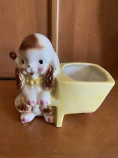 Dog with Wheel Barrow Multicolored Glazed Ceramic Indoor Outdoor Planter Vintage