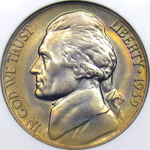 1939-D Rev of 38 Jefferson Nickel NGC MS67 Rainbow Toning (2202186-004) Key Date