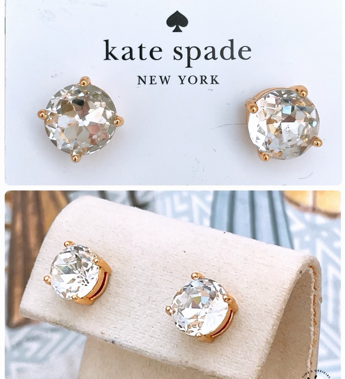 Orecchini a perno Kate Spade cristallo trasparente rotondo goccia di gomma tono oro nuovi con etichette