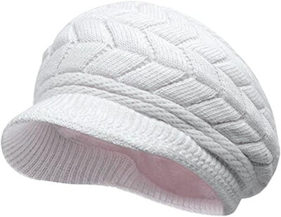 〽️Women’s White Winter Warm Knit Wool Snow Ski Hat with Visor Visor Long Knit Cap main image 3