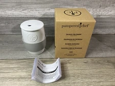 Pampered Chef White Ceramic Egg Cooker Cup Lid with Gray Silicone Sleeve #1529 