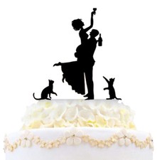 Personalized Drunk Bride Wedding Cake Topper with Two Cats Silhouette Funny