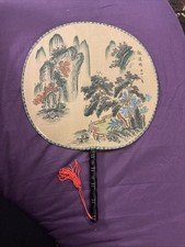 Vintage scenic Wooden Handle Hand Fans Thread 1940-1950 RARE China