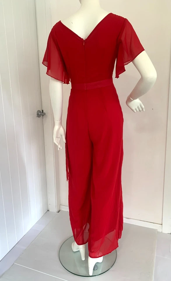 CHERRY RED JUMPSUIT full length CHIFFON flutter sleeve 8 10 Wrap high waist flar - image 4 of 4