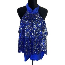 Kelle Brand Dance Costume Girls Large One Piece w Shorts Blue Sequins Jazz Tap