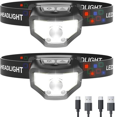 Headlamp Rechargeable, 2-Pack 1200 Lumen Super Bright with White Red LED Head La