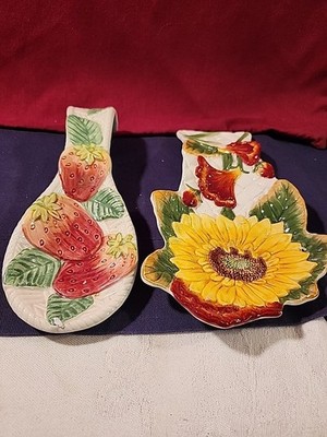 Fitz and Floyd Ceramic Spoon Rest Lot of 2 Handpainted Sunflower & Strawberries