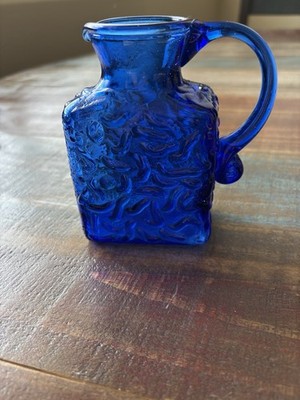 VTG Cobalt Blue textured Art Glass Mini Pitcher Creamer Syrup Pitcher